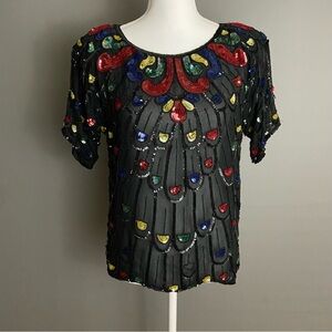 Vintage Jasmine by KVM - Silk Sequin and Beaded Sheer Top - Size M